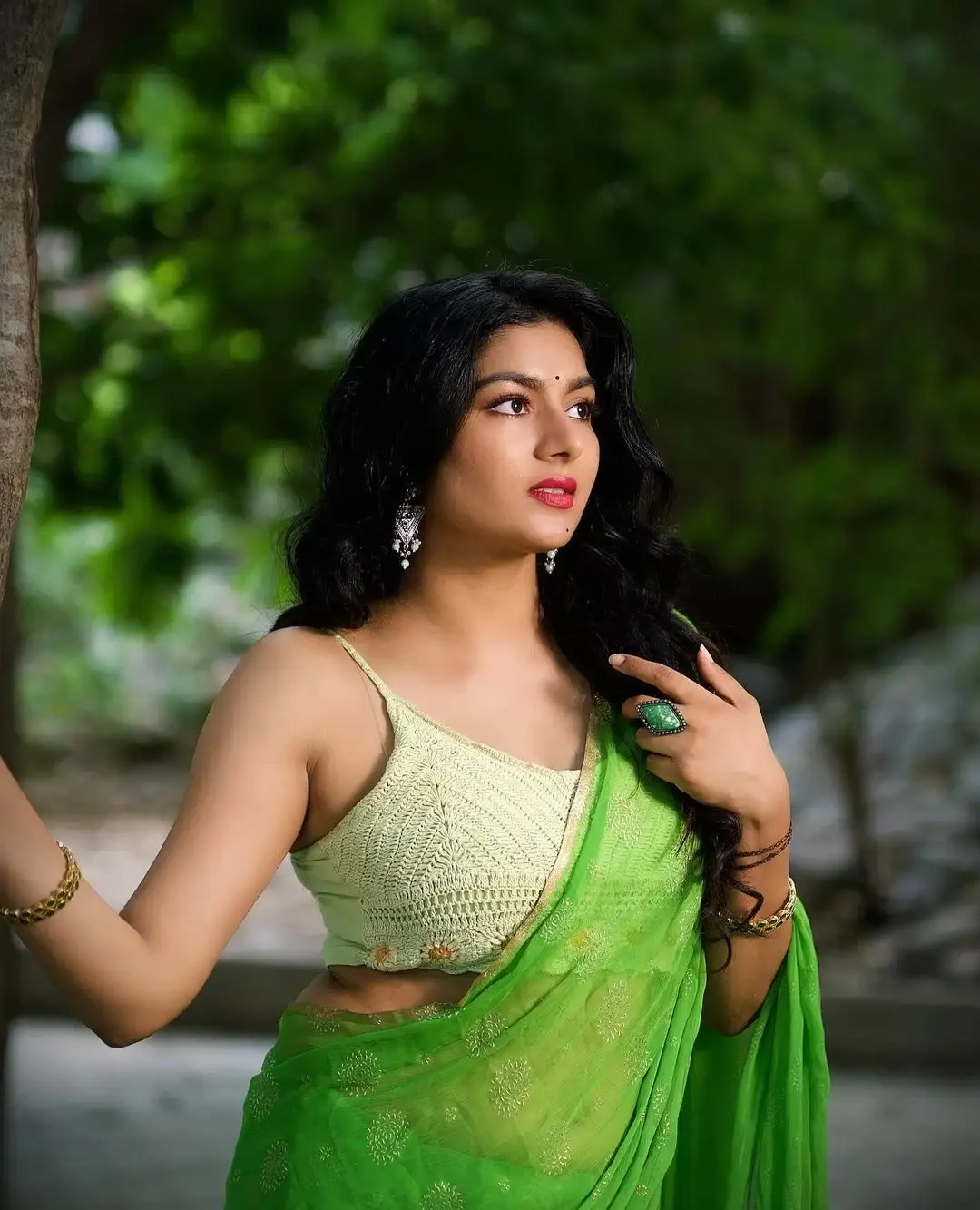 South Indian Actress Akshatha Srinivas in Green Saree